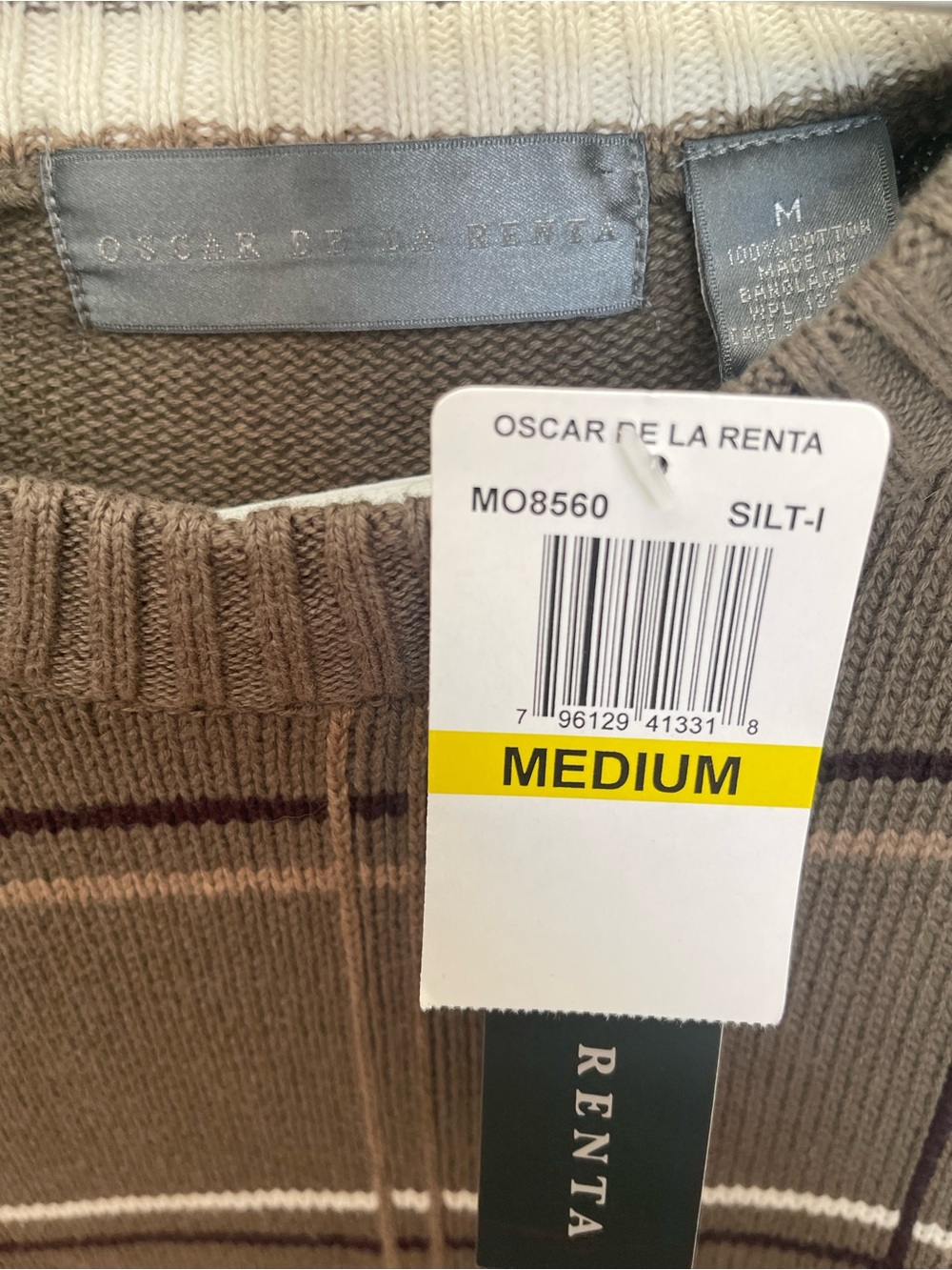 Oscar de la Renta Men's Taupe and Cream Striped Crewneck Sweater